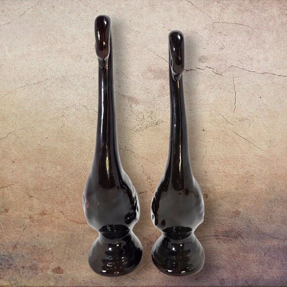 Vintage Japan Redware Pottery Swan Figurines Set 2 Brown Drip Glaze Mid Century - Picture 3 of 12